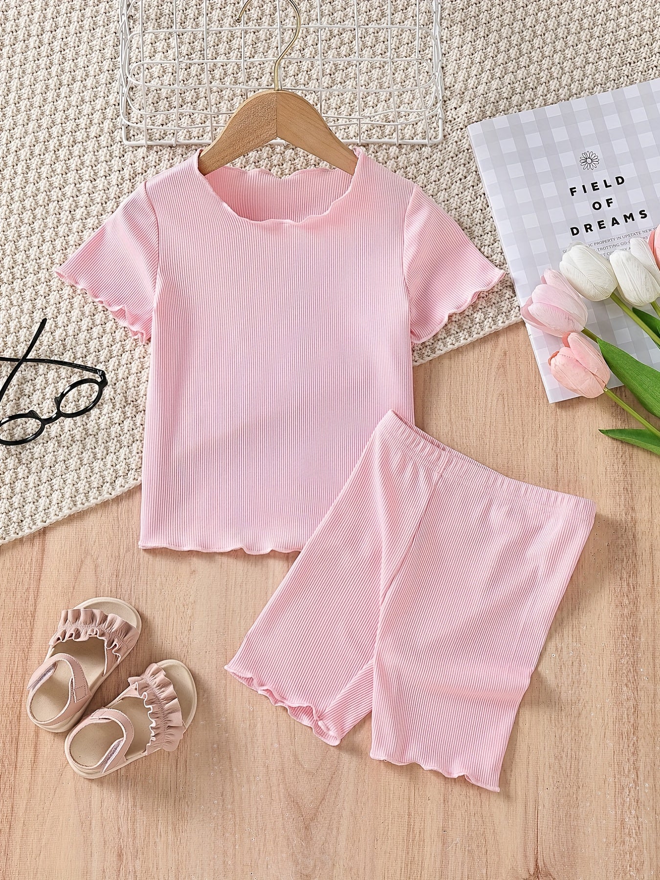 Girls Solid Bustier Round Neck Short Sleeve Pullover & Solid Shorts