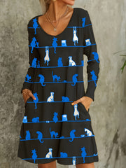 Cat & Stripe Print Long Sleeve V Neck Tee Dress With Pockets