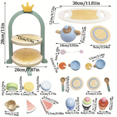 Wooden Ice Cream & Dessert Stand Toy Set for Girls' Kitchen, Tea Time Play Set
