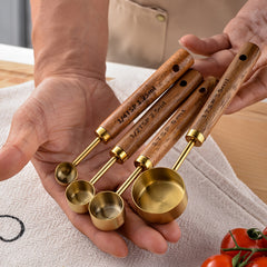8pcs Measuring Cups & Spoons Set Stainless Steel Wooden Handle