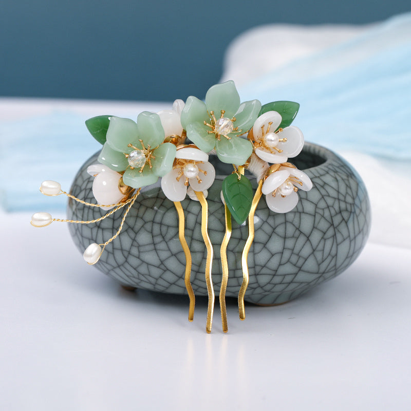 Green Glass Flower Leaves Crystal Faux Pearl Hair Comb Vintage Bridal Jewelry
