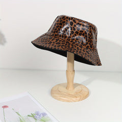 Leopard Print Reversible Bucket Hat PU Leather Waterproof Hip Hop Suns