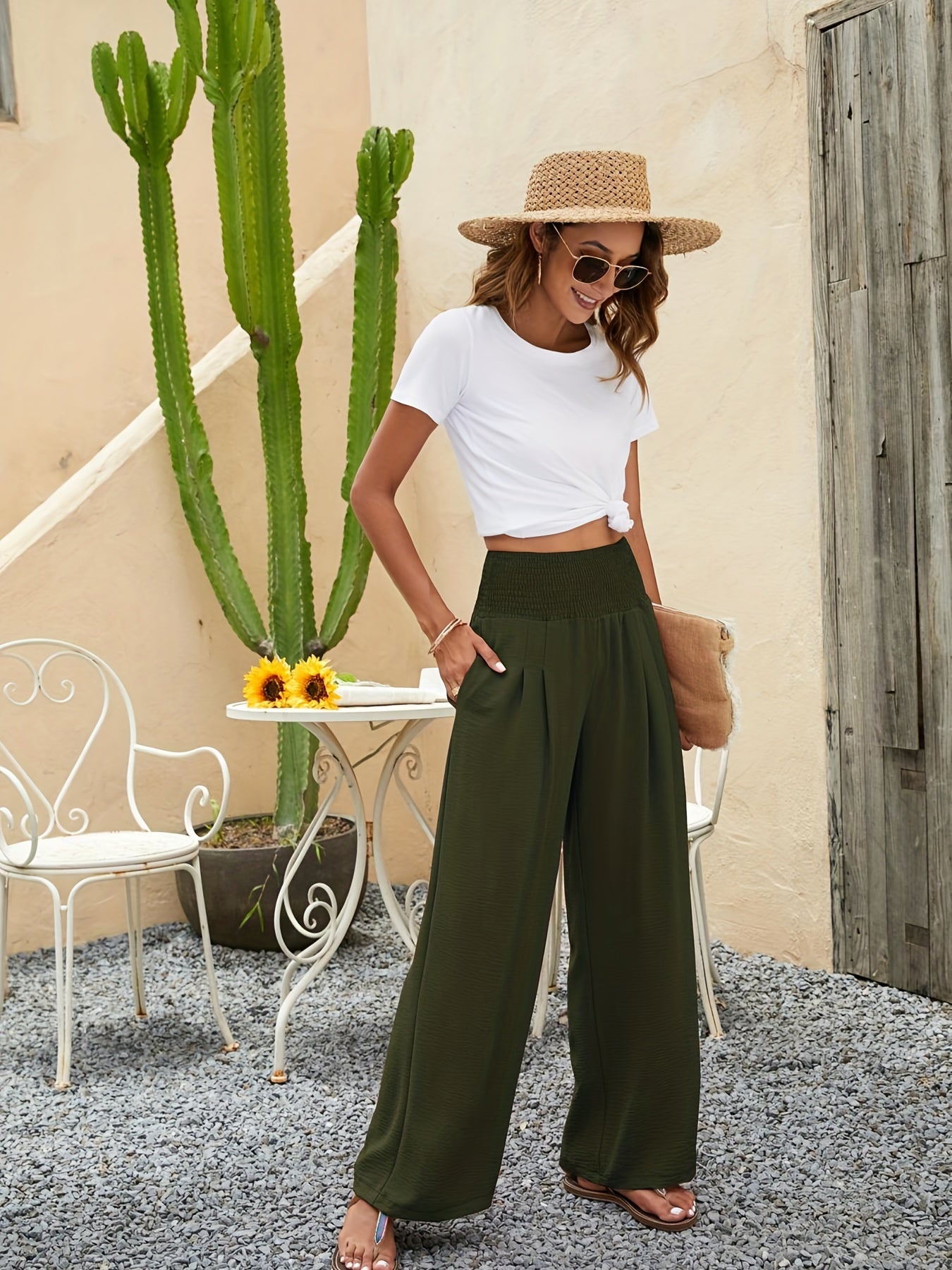 Smocked Waist Wide Leg Pants Casual Loose Pants