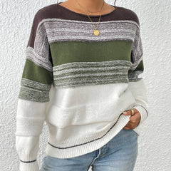 Striped Knit Sweater Crew Neck Long Sleeve Casual Women's Clothing