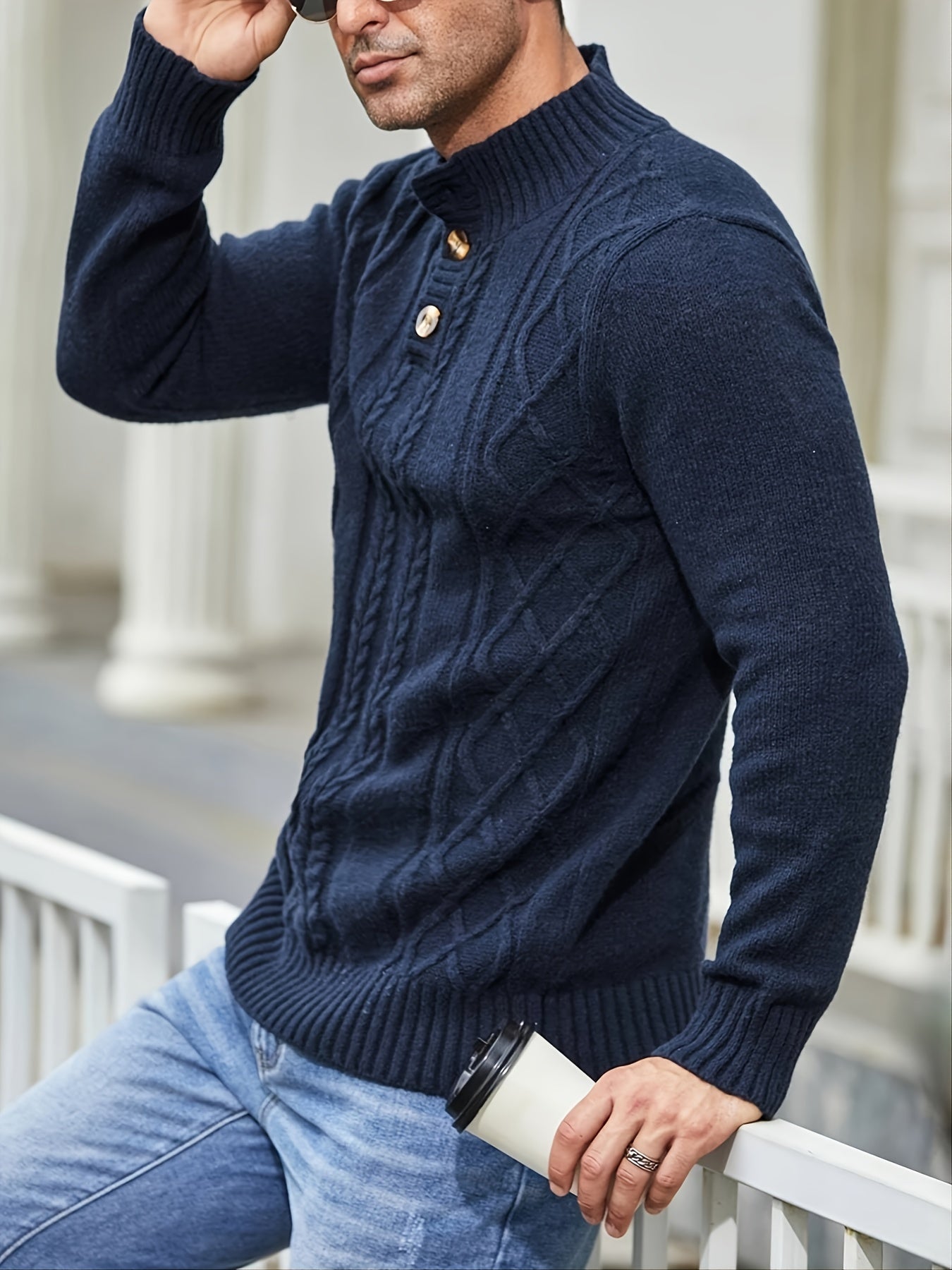 Men's Cable Knit Button Pullover Sweater