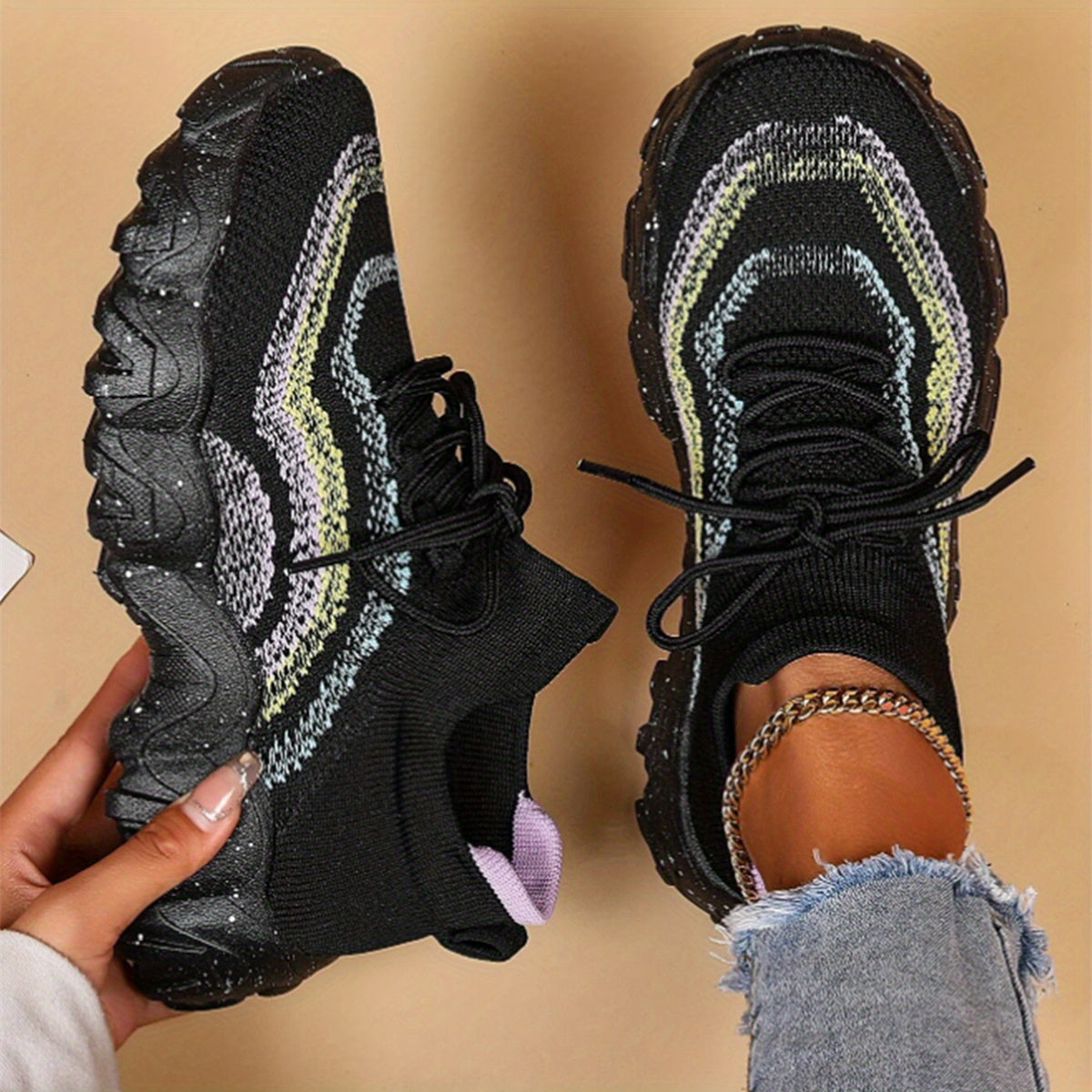 Women's Rainbow Chunky Slip On Sock Sneakers