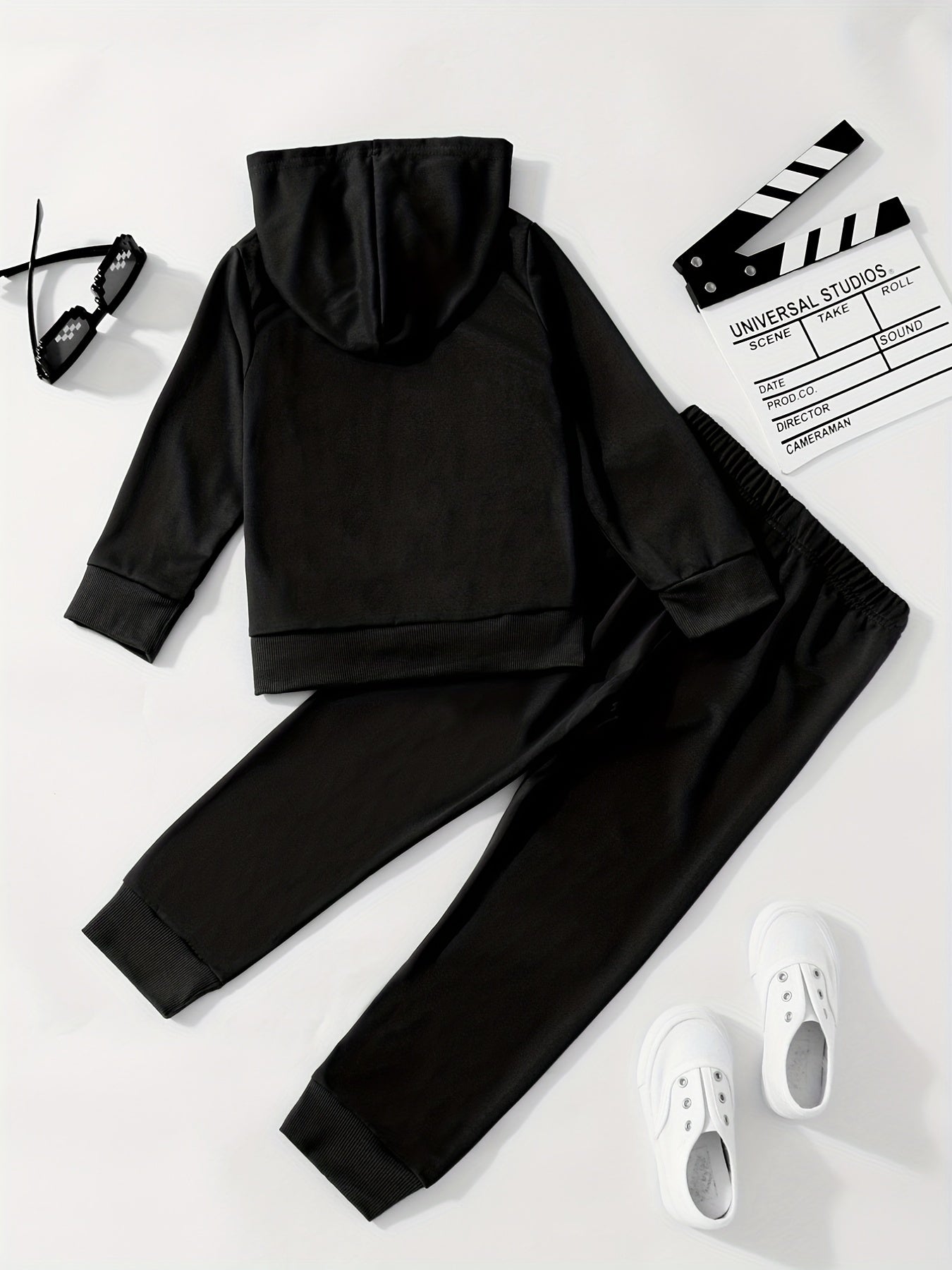 Boys 2pcs Hoodie & Pants Reflective Print Crew Neck Pullover Top