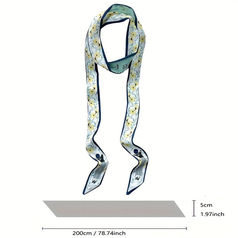 Long Ribbon Scarf Silk Floral Print Skinny Scarf Ribbon Necktie
