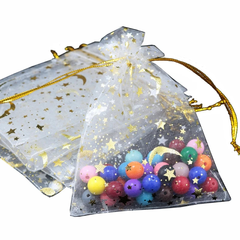100Pcs Moon Star Organza Bags Drawstring Jewelry Pouch