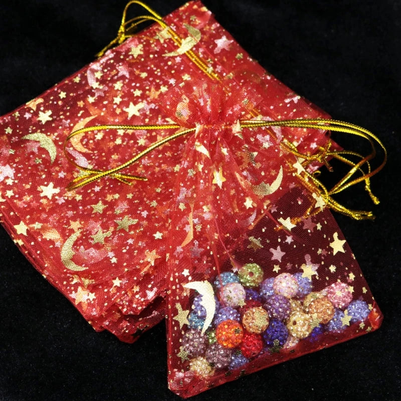 100Pcs Moon Star Organza Bags Drawstring Jewelry Pouch