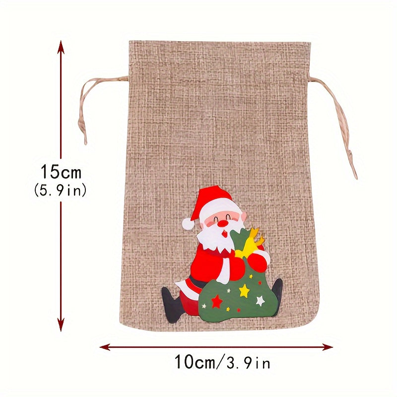 6pcs Christmas Linen Flax Bag Santa Claus Patterns Drawstring Pouch