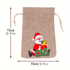 6pcs Christmas Linen Flax Bag Santa Claus Patterns Drawstring Pouch