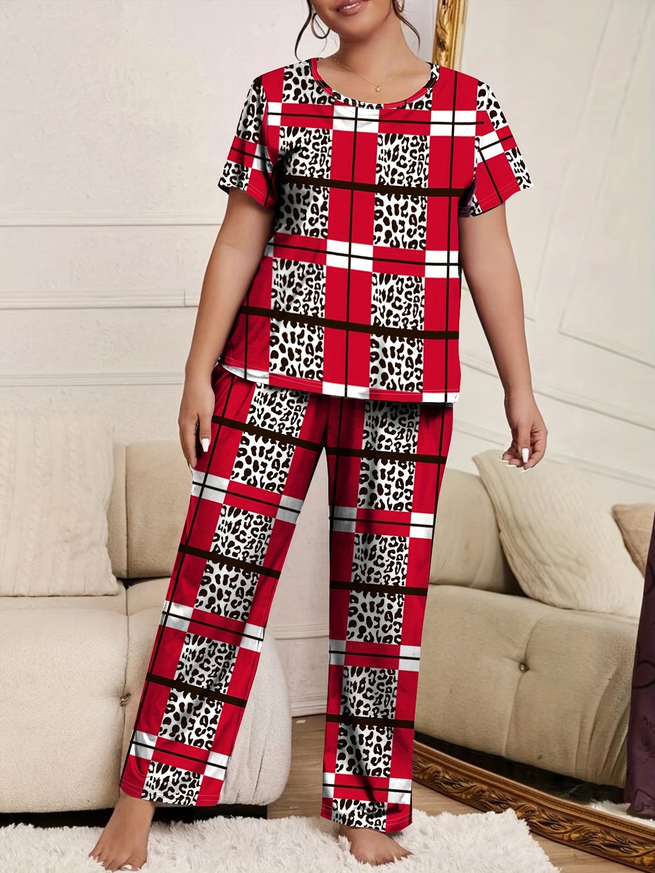Leopard & Stripe Print Pajama Set Women's Tee & Pants