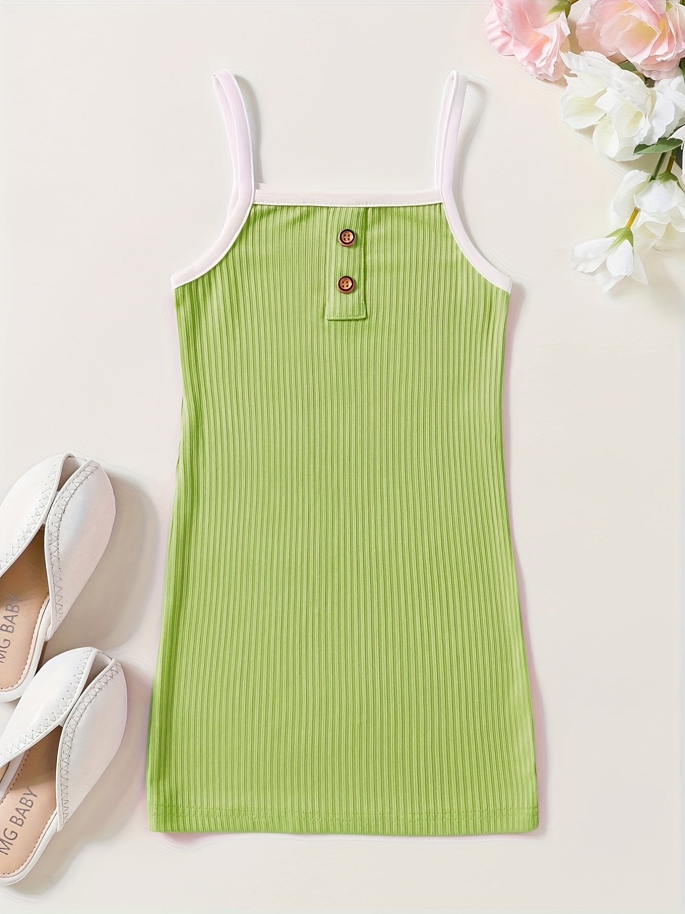 Toddler Girls Block Trim Button Decor Ribbed Cami Dress