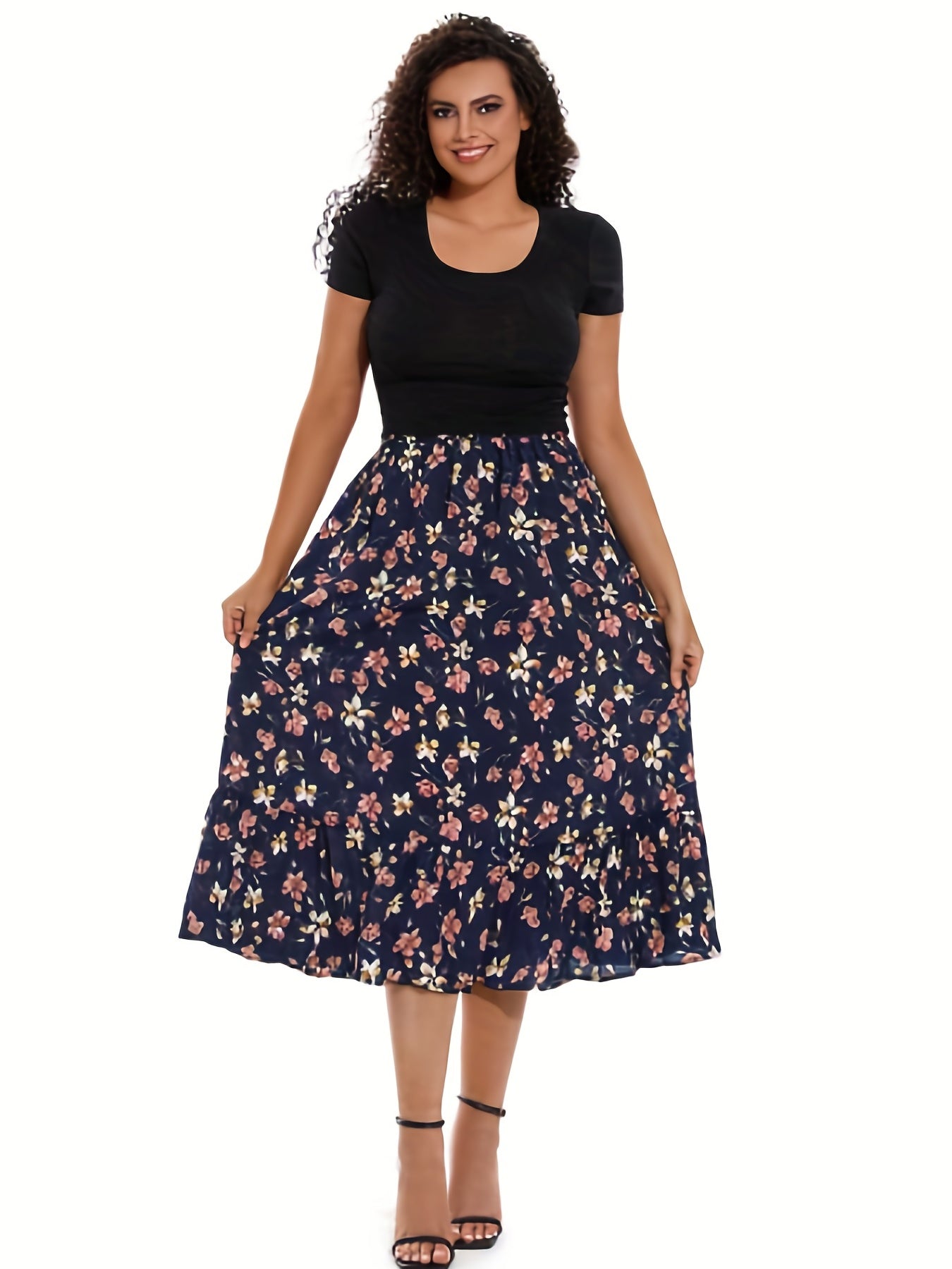 Boho Maxi Skirt Plus Ditsy Floral Print High Rise Pleated Maxi Skirt
