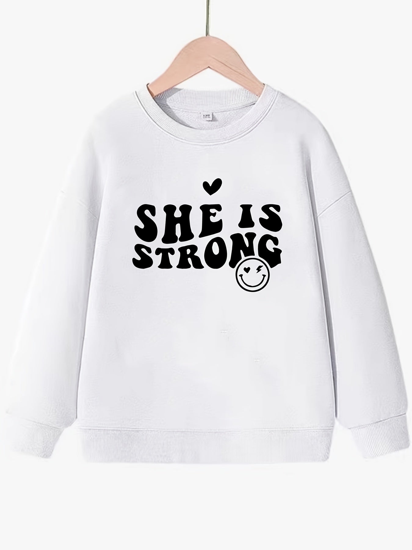 Girls Strong Smile Pattern Sweatshirt Round Neck Long Sleeve Top Pullover