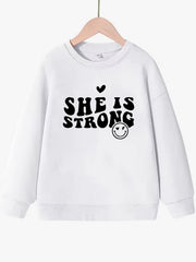 Girls Strong Smile Pattern Sweatshirt Round Neck Long Sleeve Top Pullover