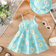 2pcs Baby Girls Daisy Print Suspender Dress Hat Set