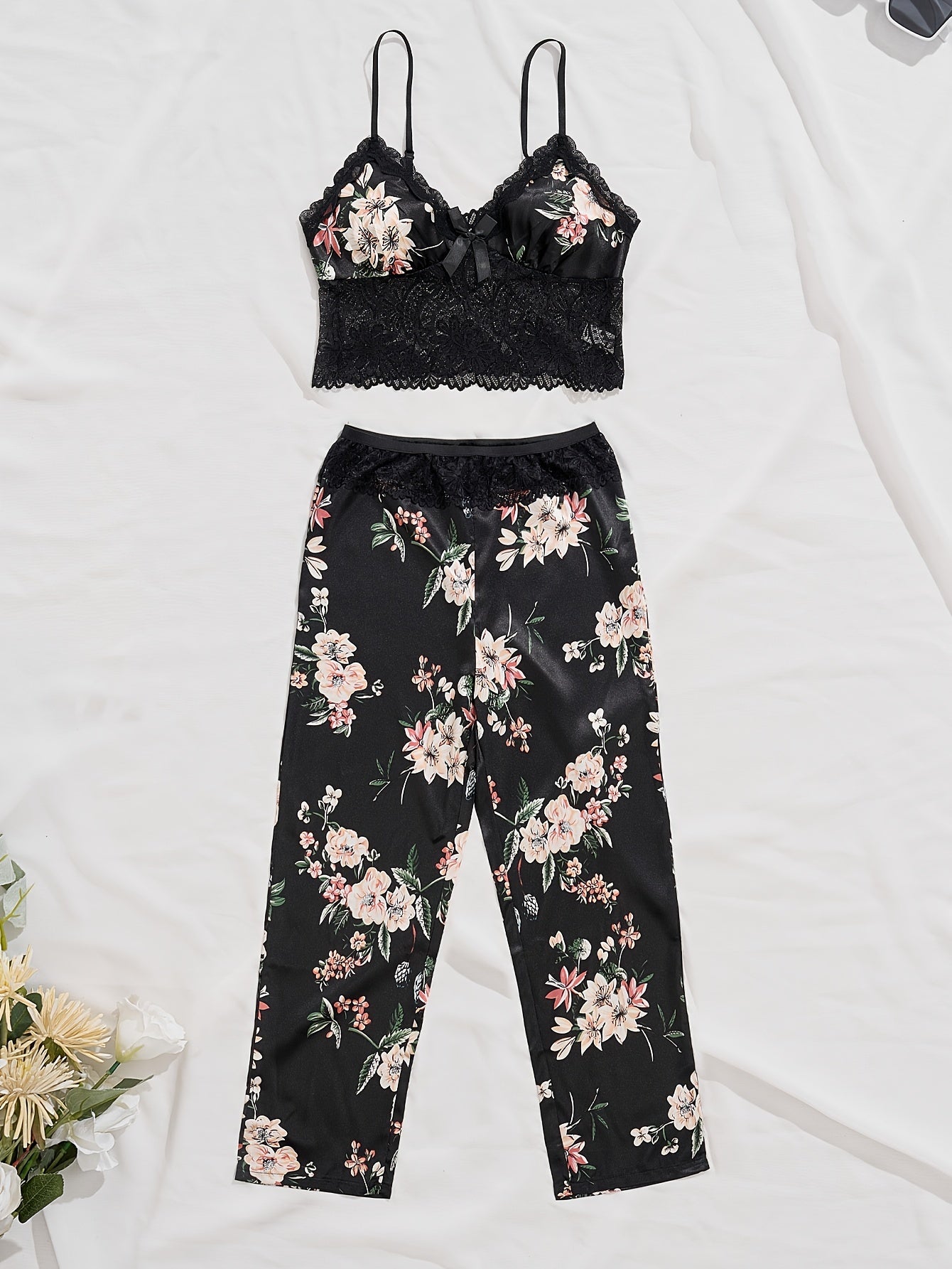 Floral Print Pajama Set V Neck Cami Top & Lace Pants Sleepwear