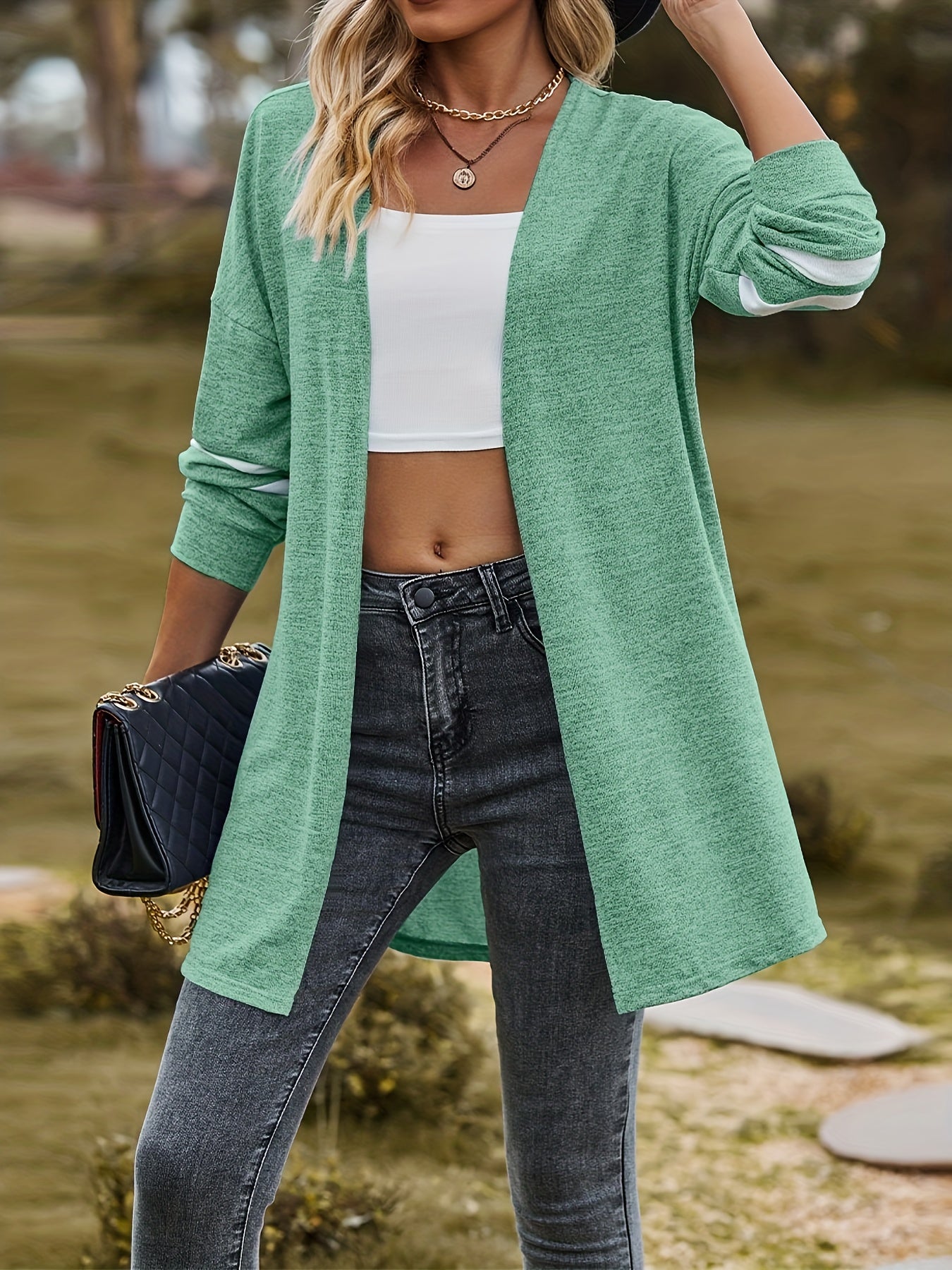 Casual Cardigan Women's Plus Stripe Print Long Sleeve Open Front