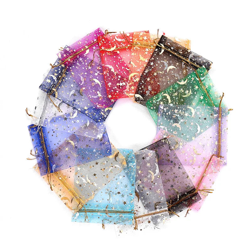 100pcs Moon Star Organza Bags 7x9cm Christmas Drawstring Gift Bag