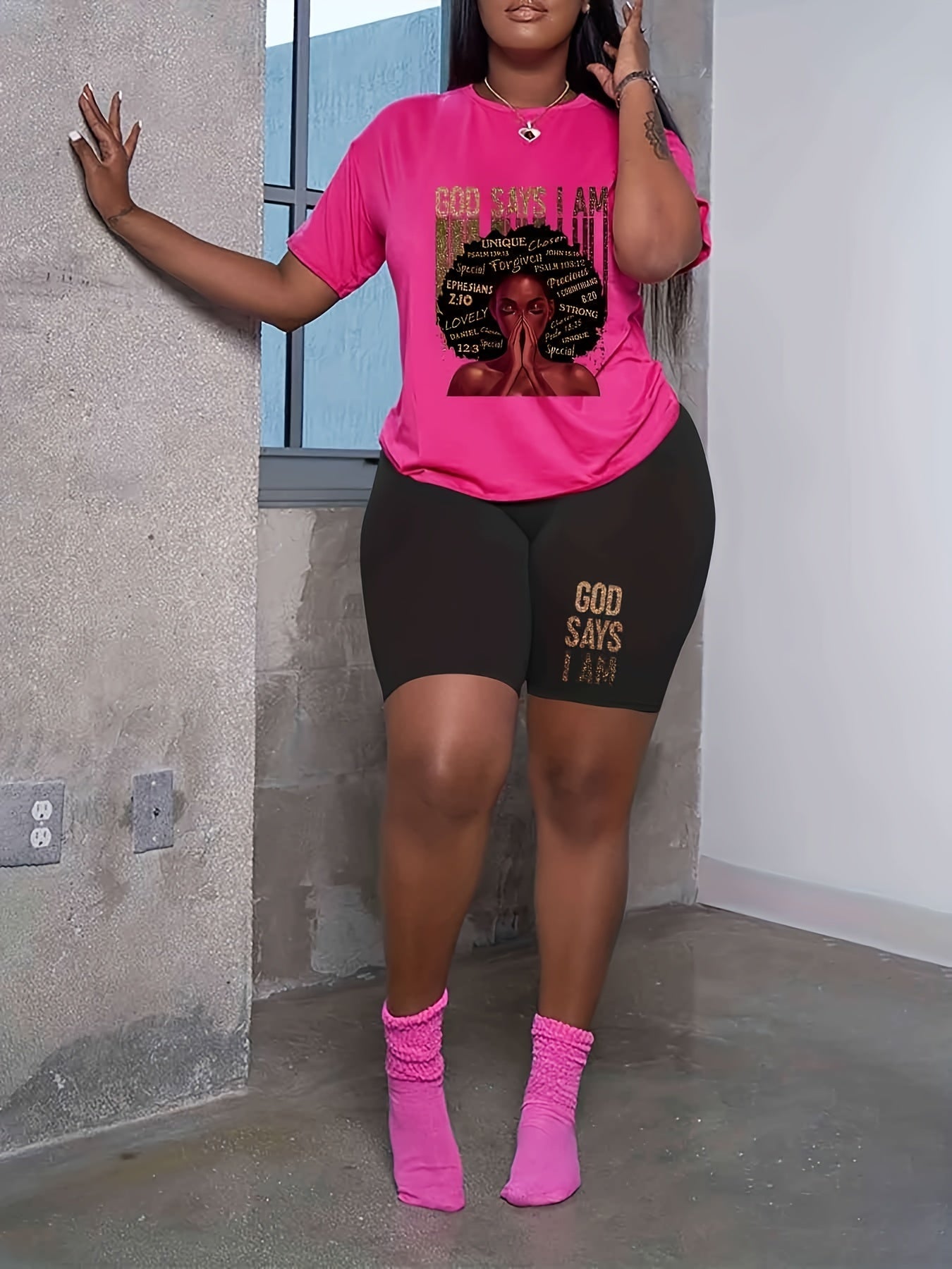 Plus Size Cartoon Print Two Piece Set Short Sleeve Top & Shorts Outfit