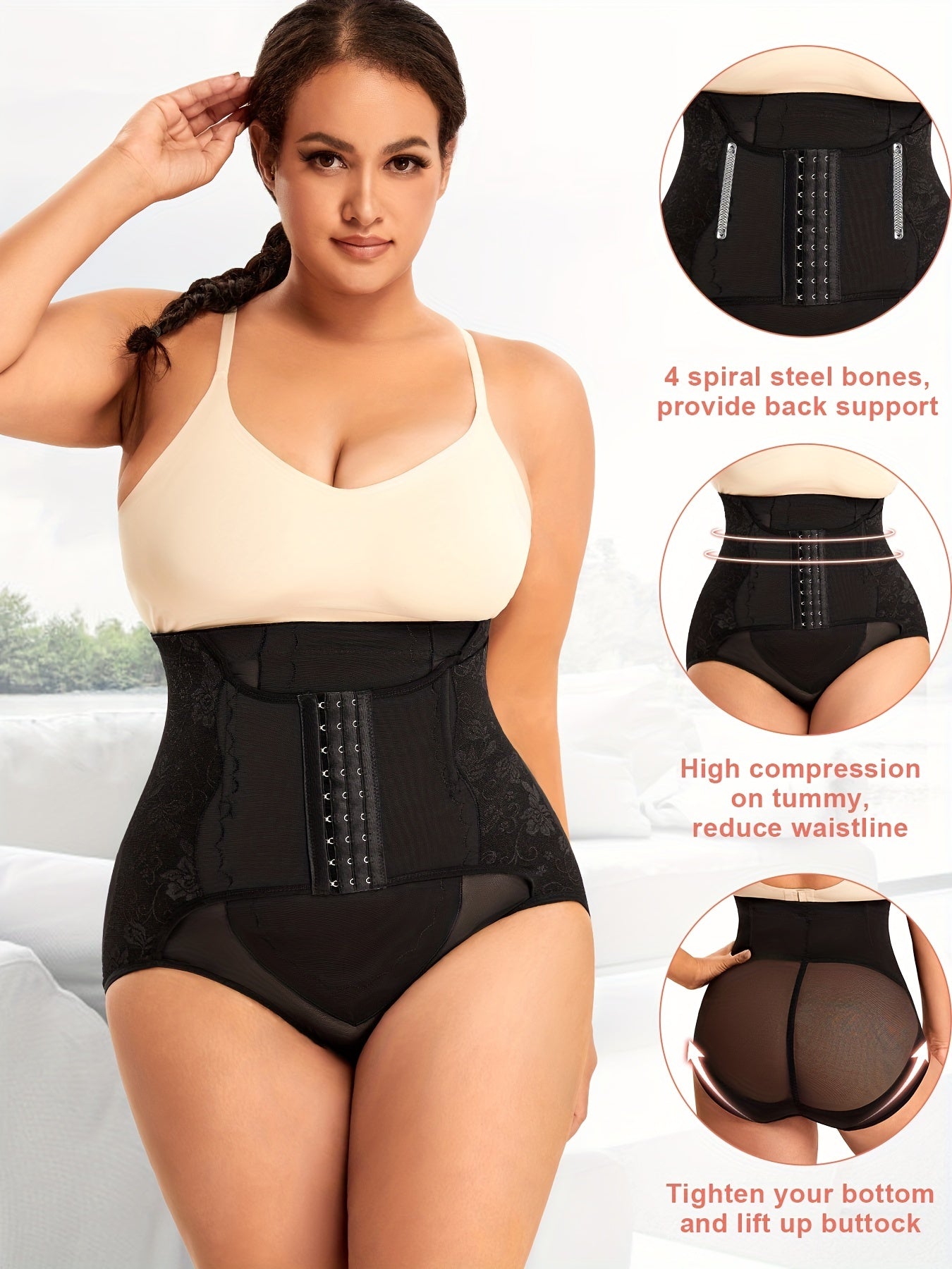 Plus Floral Jacquard Buckle Semi Sheer Tummy Control Shapewear