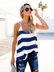 Striped Print V Neck Cami Top Sleeveless Loose Fit