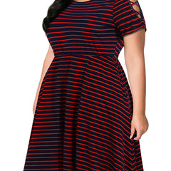 Strip Print Criss Cross Short Sleeve Midi Dress Women's Plus