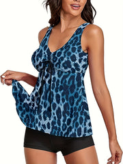 Leopard Print Tankini Set V Neck Lace Up Tank Top & Shorts Swimsuit
