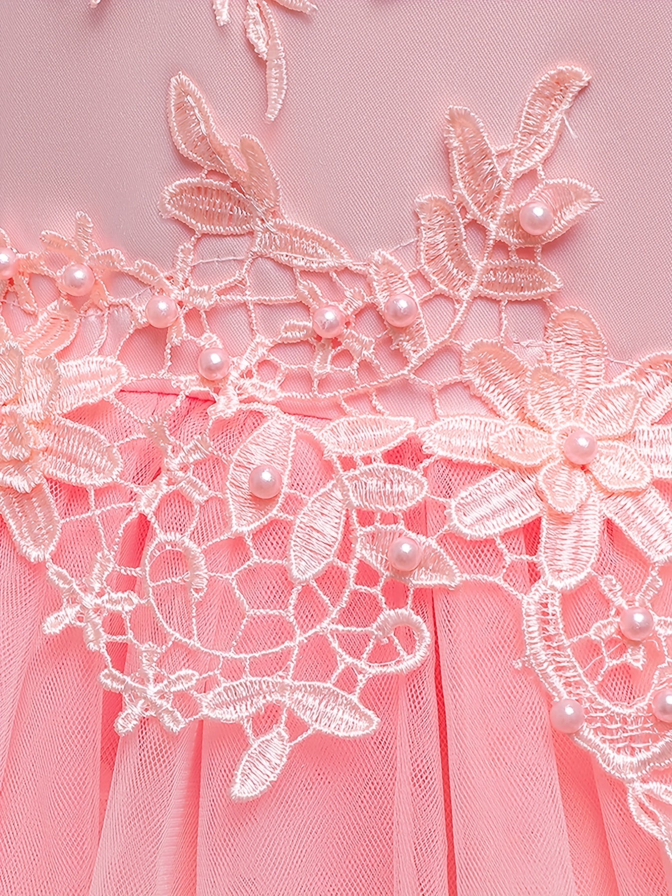 Girls Pearl Embroidered Mesh Bow Princess Party Dress