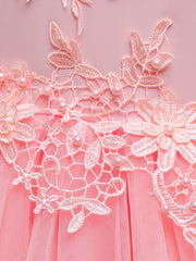 Girls Pearl Embroidered Mesh Bow Princess Party Dress