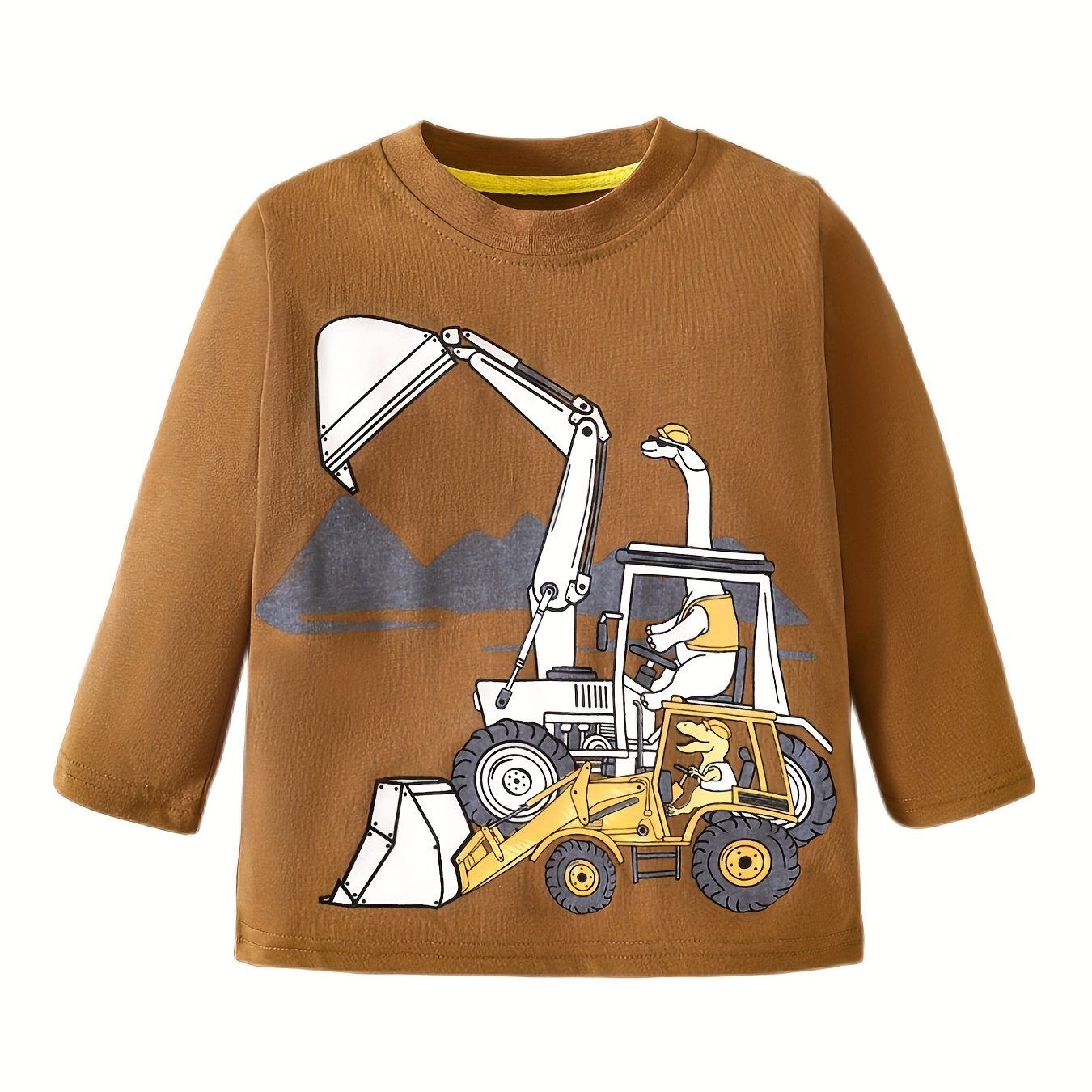 Dino & Excavator Print Boys Sweatshirt Long Sleeve Crew Neck Tops