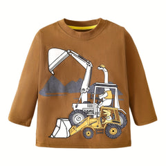 Dino & Excavator Print Boys Sweatshirt Long Sleeve Crew Neck Tops