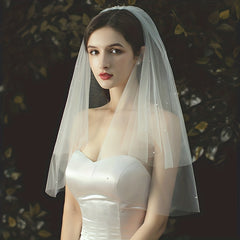 Double Layer Bridal Veil Faux Pearl Beads Mesh Head Piece Wedding