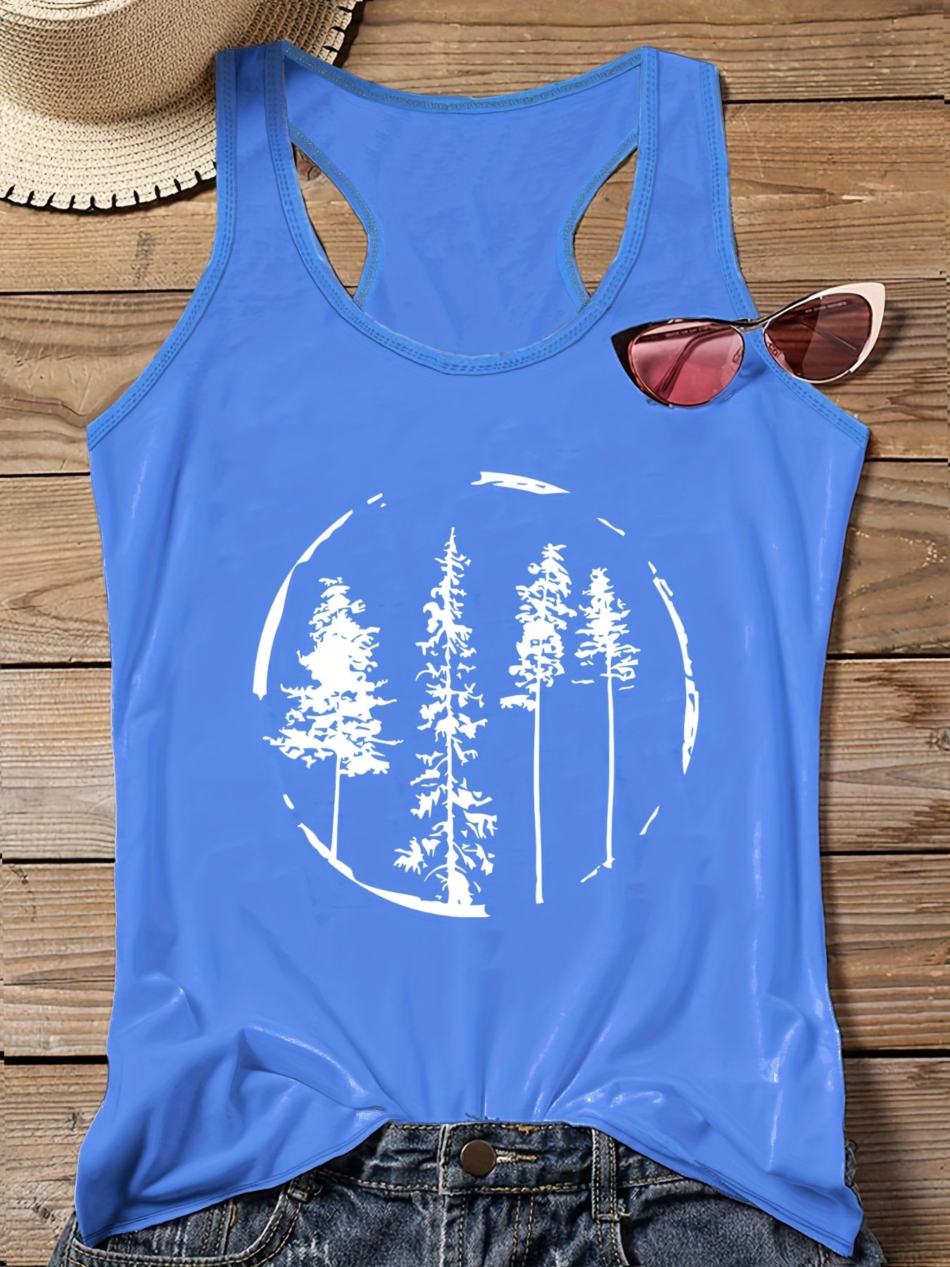 Tree Print Round Neck Vest Top Women's Plus