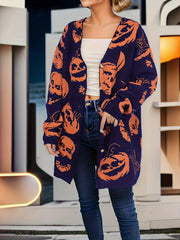 Pumpkin Pattern V Neck Button Up Cardigan Sweater