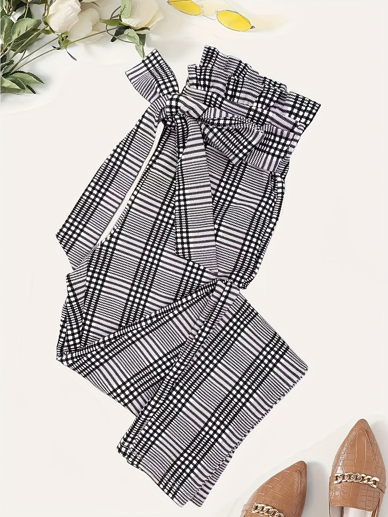 Plaid Print Tie Waist Pants for Women