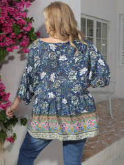 Floral Print Peplum Top Three Quarter Sleeve Blouse