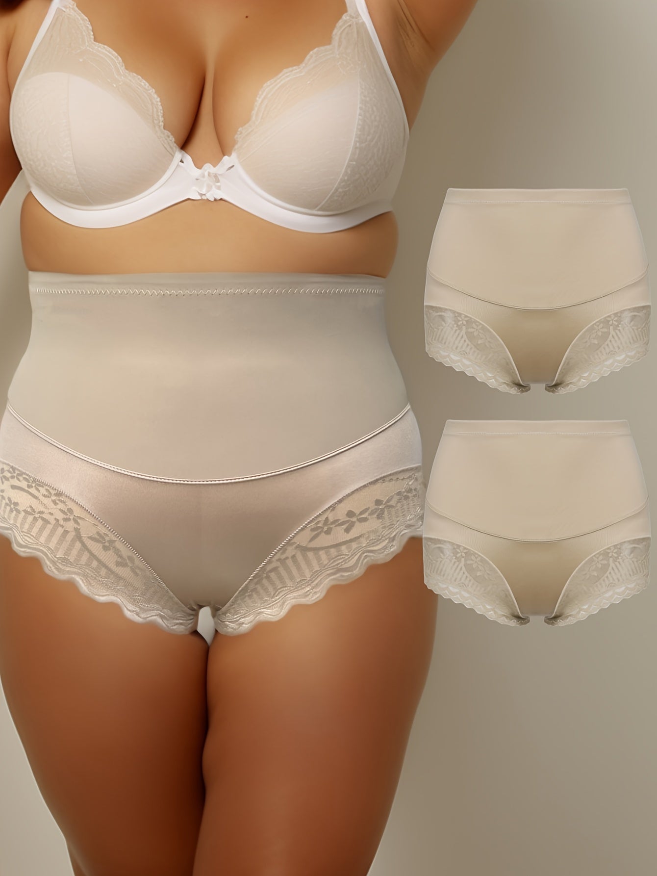 2 Pack Plus Size Panties Set Women's Plus Contrast Lace High Rise Tummy Control