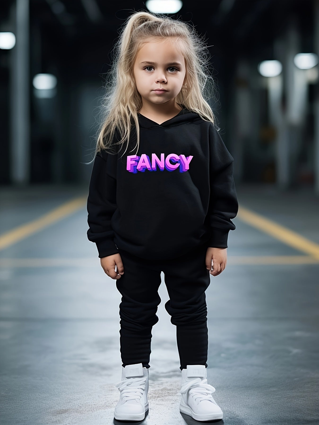 Girls 2pc Alphabets Pattern Hooded Sweatshirt Solid Sweatpants Set
