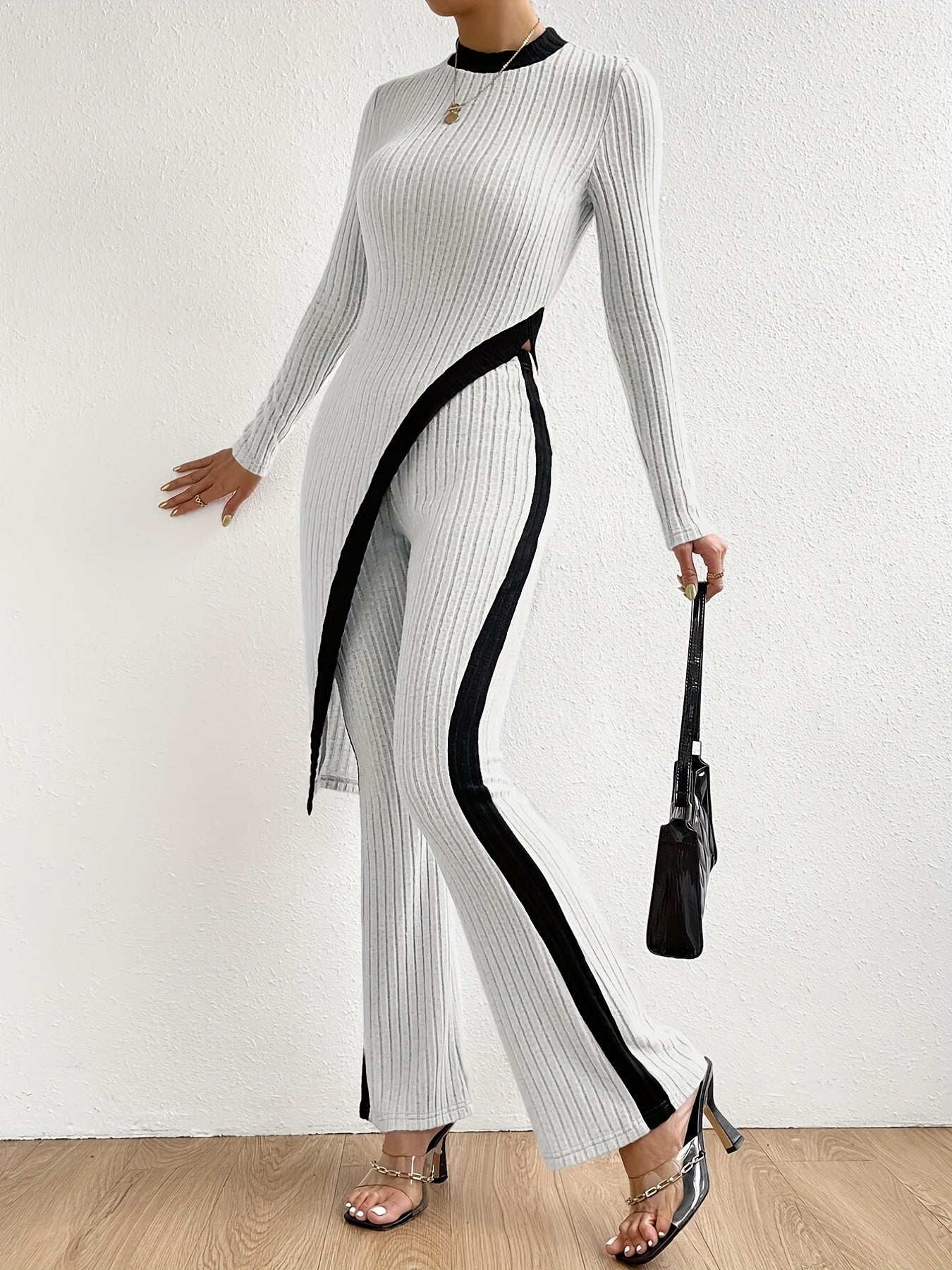 Casual Two Piece Set: Mock Neck Top & Flare Leg Pants