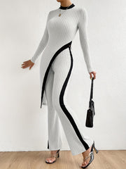 Casual Two Piece Set: Mock Neck Top & Flare Leg Pants