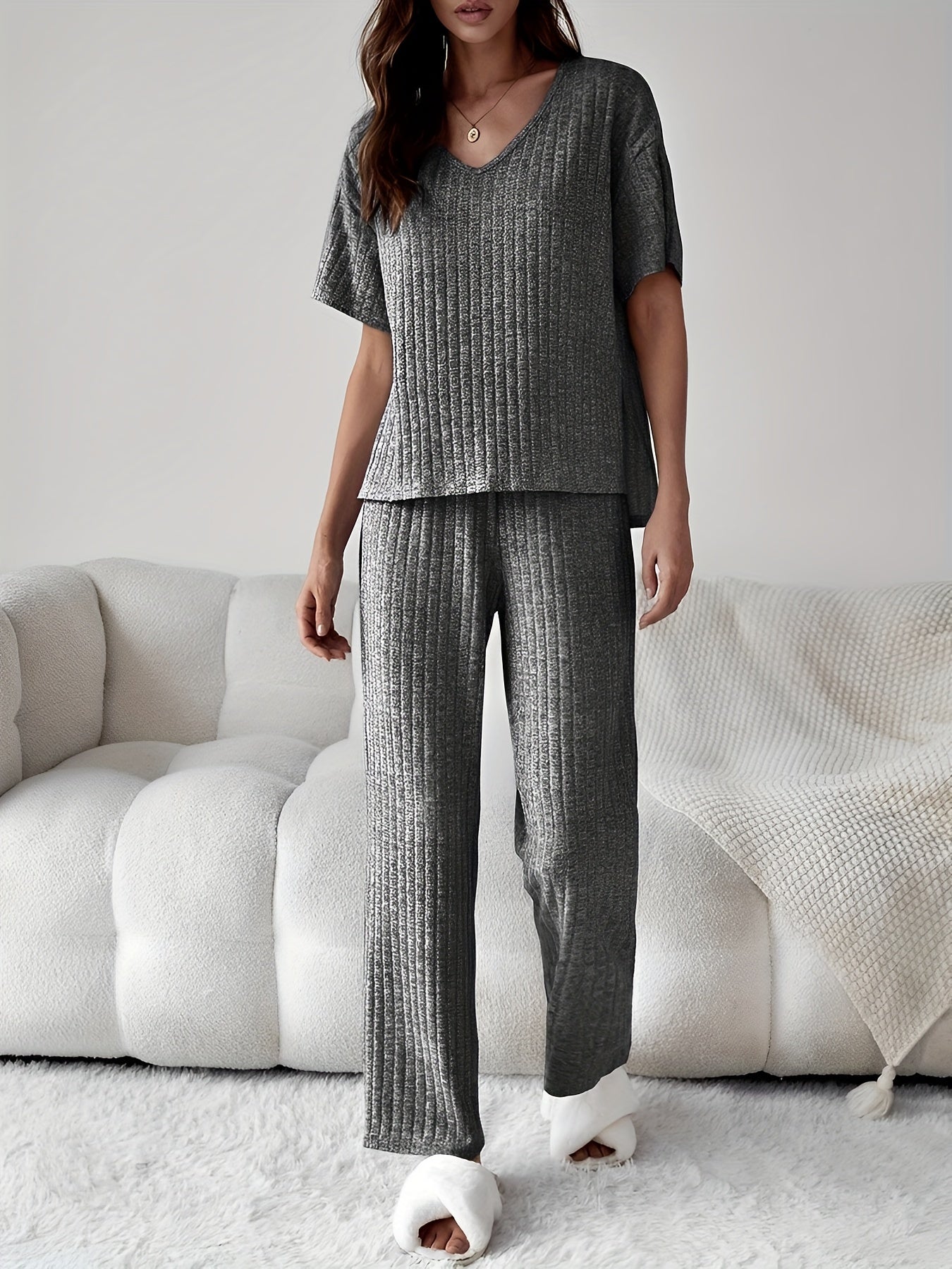 Ribbed Lounge Set Short Sleeve Top & Pants Women's Loungewear