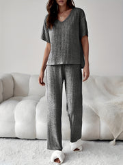 Ribbed Lounge Set Short Sleeve Top & Pants Women's Loungewear