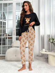 Cartoon Deer Print Pajama Set Long Sleeve Top & Pants