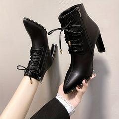 Women's Point Toe Lace Up Block Heeled Boots
