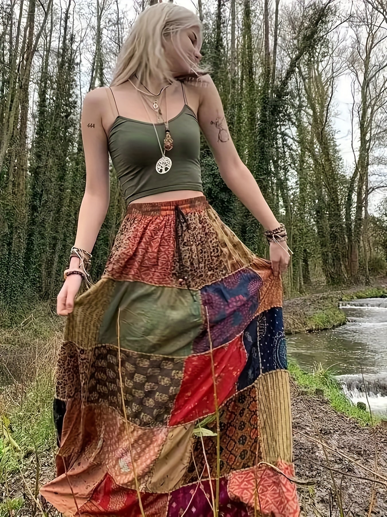 Colorblock Geometric Print High Rise Boho Skirt Plus Size