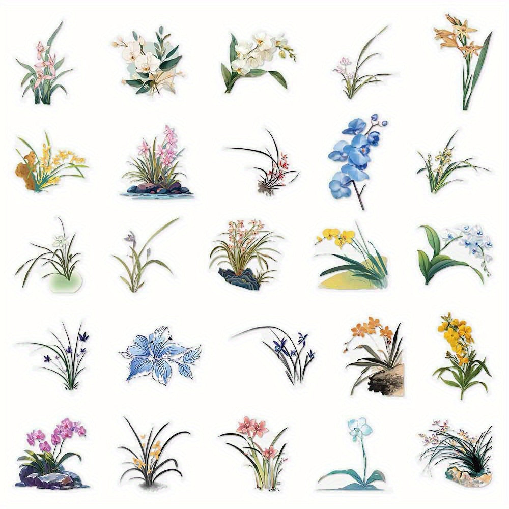 50pcs Orchid Flower Cartoon Stickers for DIY Crafts Suitcases Water Bottles