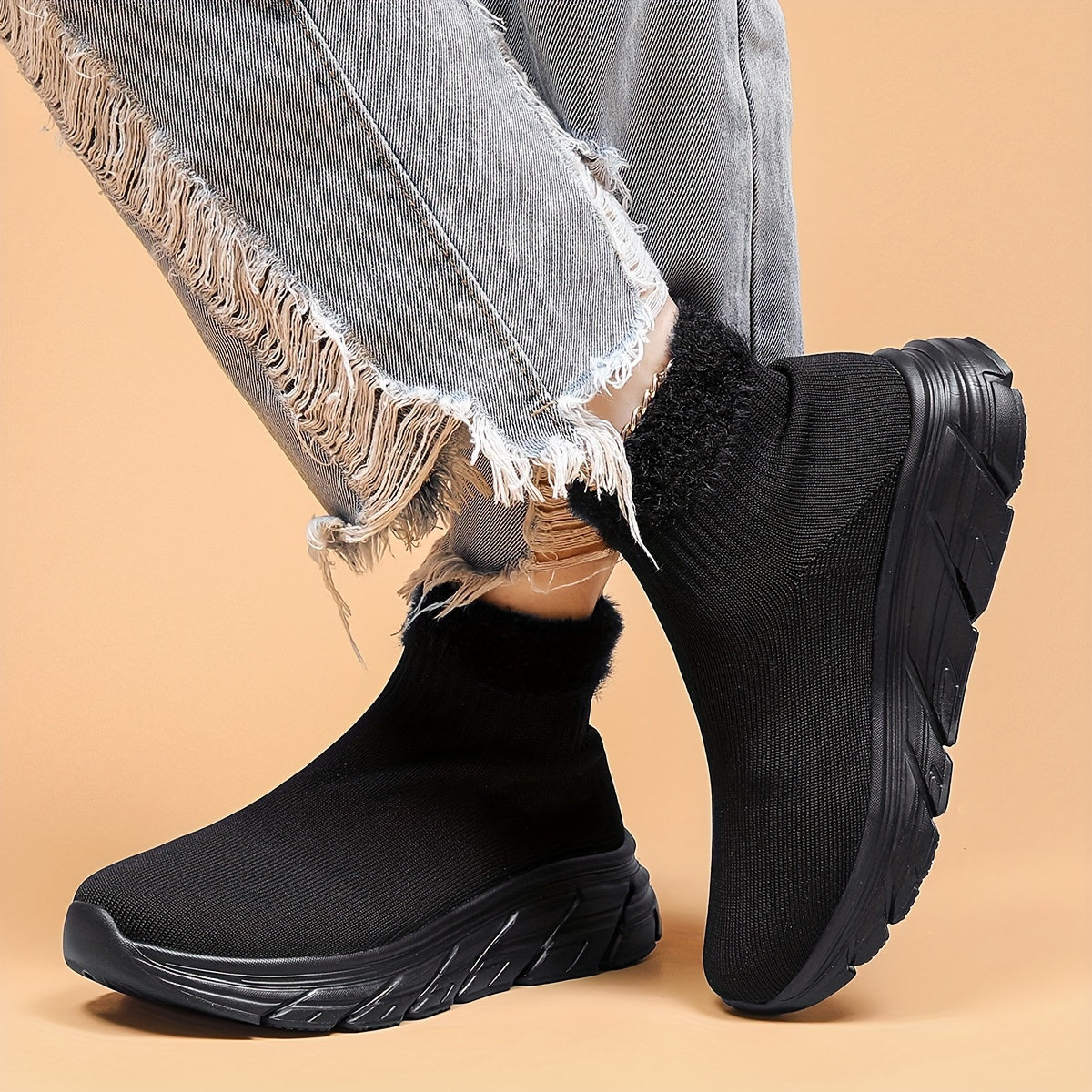 Plush Furry Slip On Mesh Breathable Running Shoes